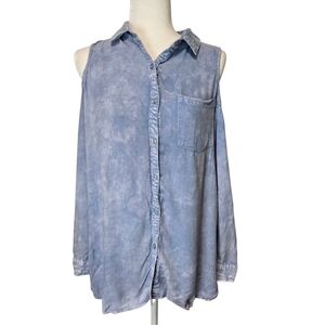Kori Womens Blue Off The Shoulder Cut Out Collared Button Down Blouse Sz large